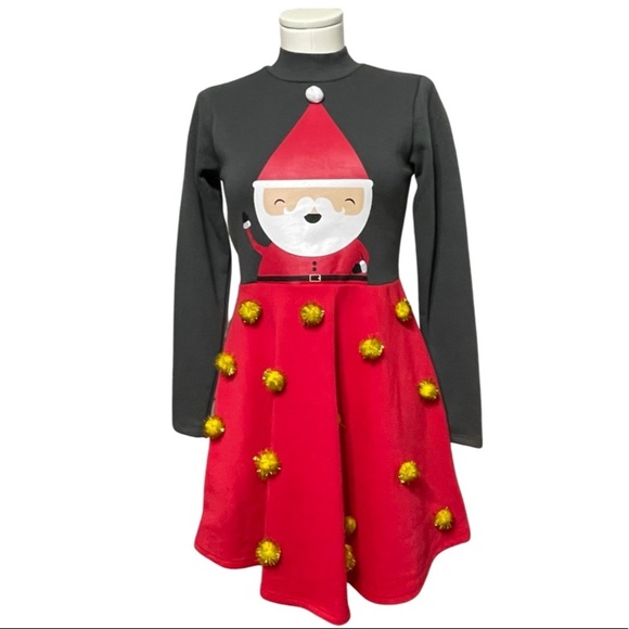 Dresses & Skirts - Christmas dress embellished santa golden pom poms red and gray fleece lined